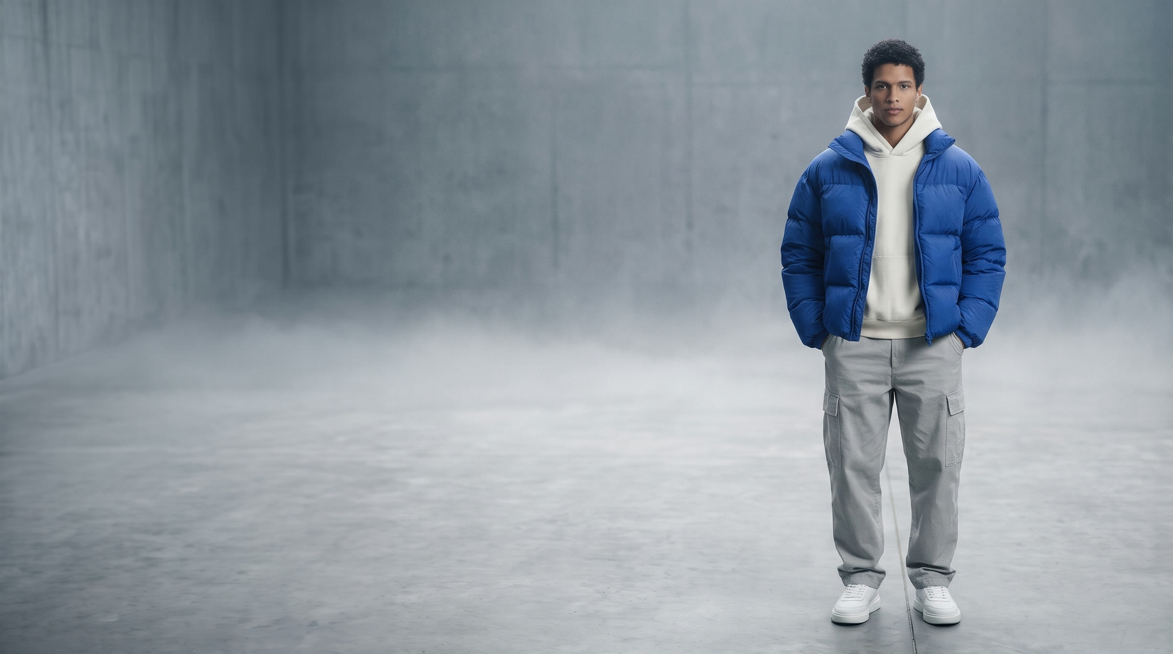 O mesmo modelo, agora com jaqueta puffer azul cobalto, moletom off-white e calça cargo cinza
